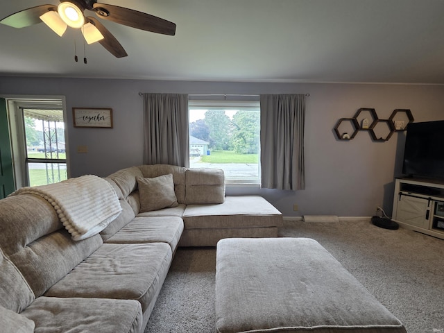 603 E 1st St, Fowler, IN 47944 - carpeted living area with ceiling fan and baseboards