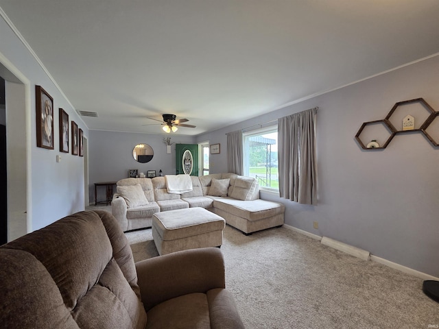 603 E 1st St, Fowler, IN 47944 - carpeted living area featuring ceiling fan and ornamental molding