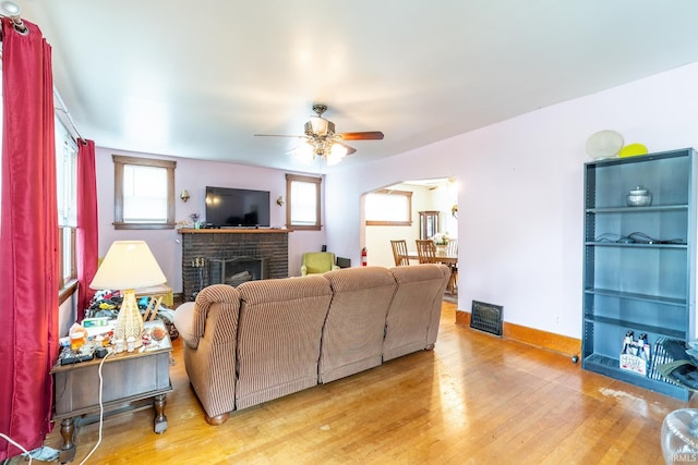 2130 N Wells St, Fort Wayne, IN 46808 - living area featuring a brick fireplace, wood finished floors, and a ceiling fan