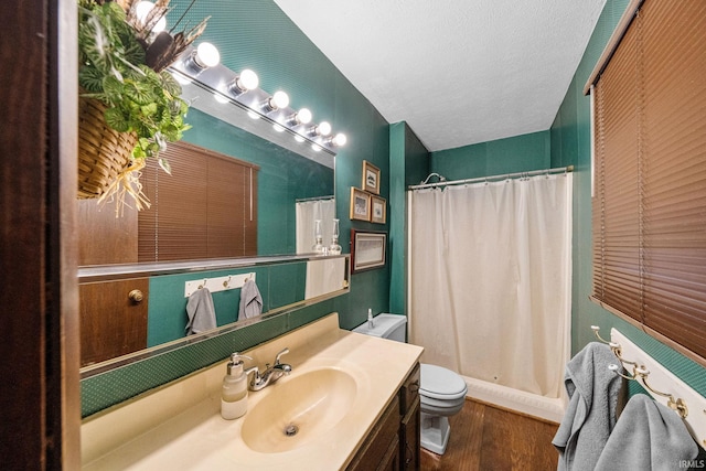 55698 Willowbend Blvd, Bristol, IN 46507 - bathroom featuring vanity, wood finished floors, a shower with curtain, and a textured ceiling