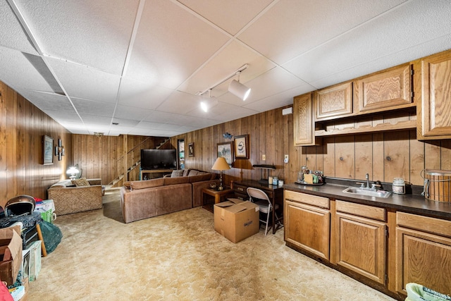 55698 Willowbend Blvd, Bristol, IN 46507 - kitchen featuring wood walls, light carpet, dark countertops, open floor plan, and rail lighting