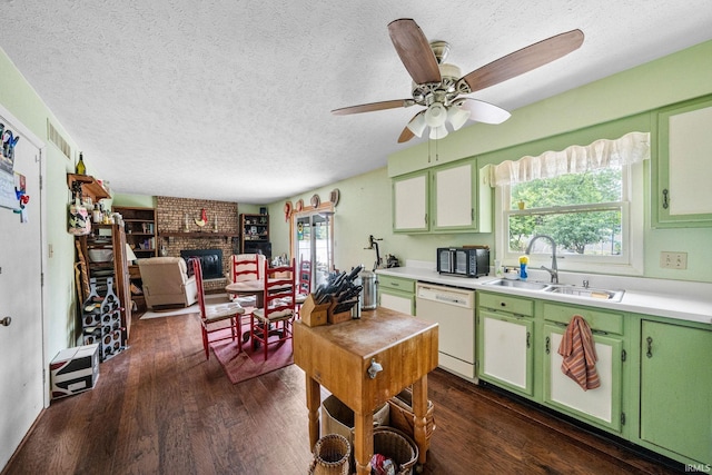 55698 Willowbend Blvd, Bristol, IN 46507 - kitchen featuring white dishwasher, green cabinetry, light countertops, a textured ceiling, and dark wood finished floors