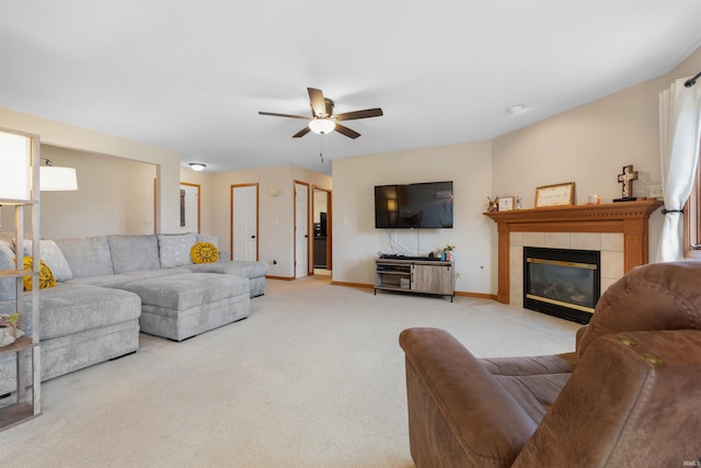 5371 Bear Creek Pass, Auburn, IN 46706 - carpeted living area featuring a ceiling fan and a fireplace