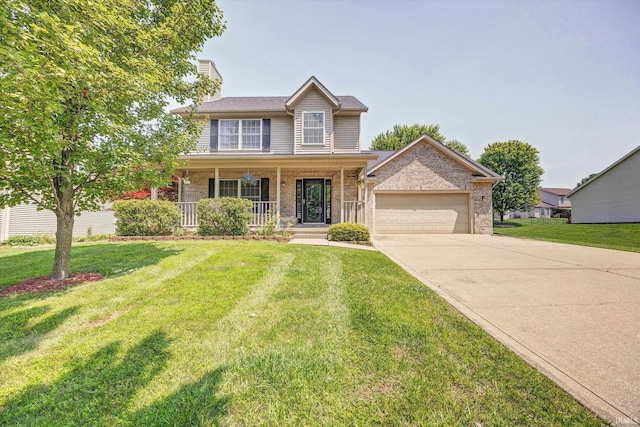 4539 N Shadow Wood Dr, Bloomington, IN 47404 - traditional home with an attached garage, driveway, a porch, a chimney, and brick siding