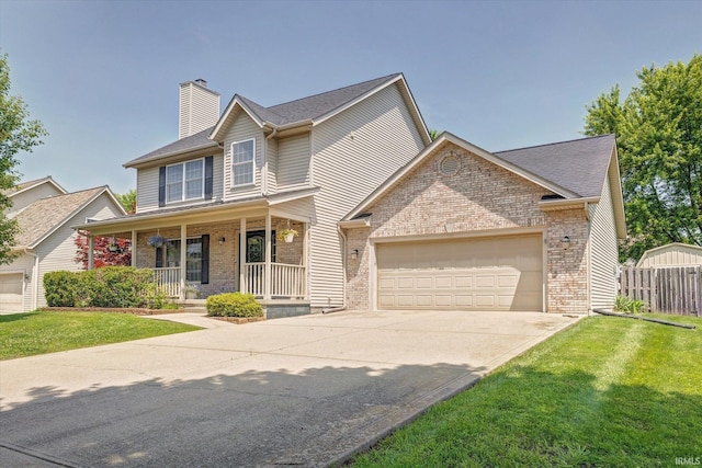 4539 N Shadow Wood Dr, Bloomington, IN 47404 - traditional-style house featuring brick siding, covered porch, a garage, and a chimney