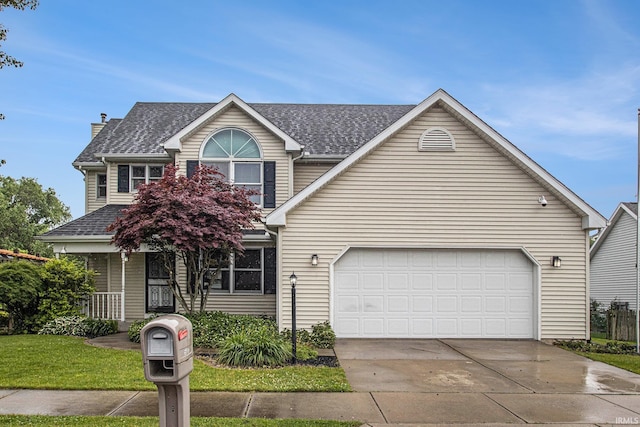 55887 Wild Game Dr, Osceola, IN 46561 - traditional-style home featuring driveway, a shingled roof, covered porch, a front lawn, and a chimney