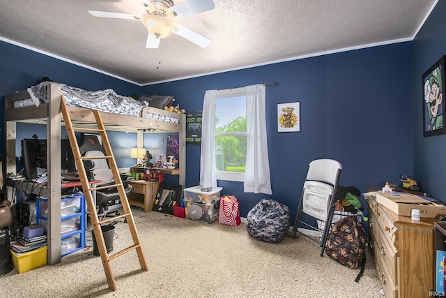 55887 Wild Game Dr, Osceola, IN 46561 - bedroom featuring carpet, a textured ceiling, ceiling fan, and crown molding