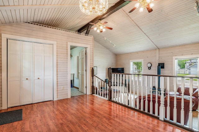 1209 S Jackson St, Auburn, IN 46706 - additional living space with a ceiling fan, wood walls, wood finished floors, a chandelier, and wood ceiling