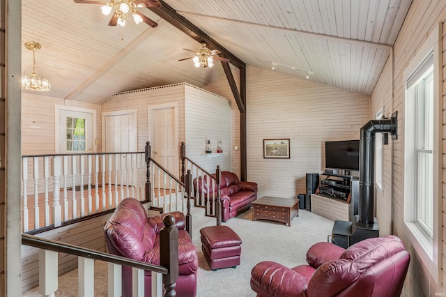 1209 S Jackson St, Auburn, IN 46706 - carpeted living area with wooden walls, a ceiling fan, and wood ceiling