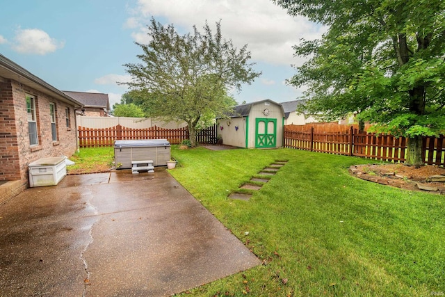 9040 Clear Creek Dr, Evansville, IN 47711 - fenced backyard with a hot tub, a shed, and a patio area