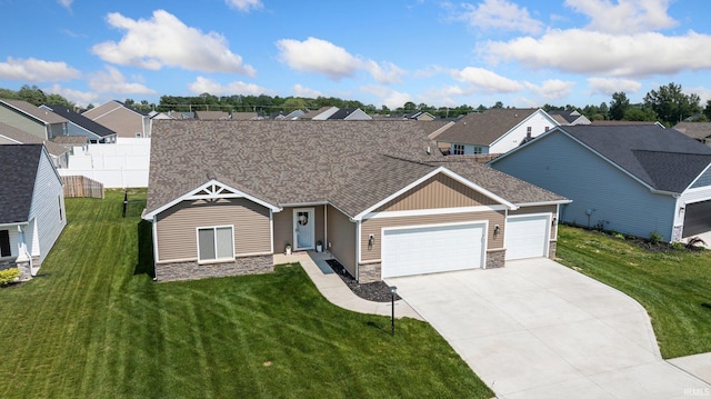 10251 Fieldlight Blvd, Fort Wayne, IN 46835 - view of front facade featuring stone siding, an attached garage, driveway, roof with shingles, and a residential view