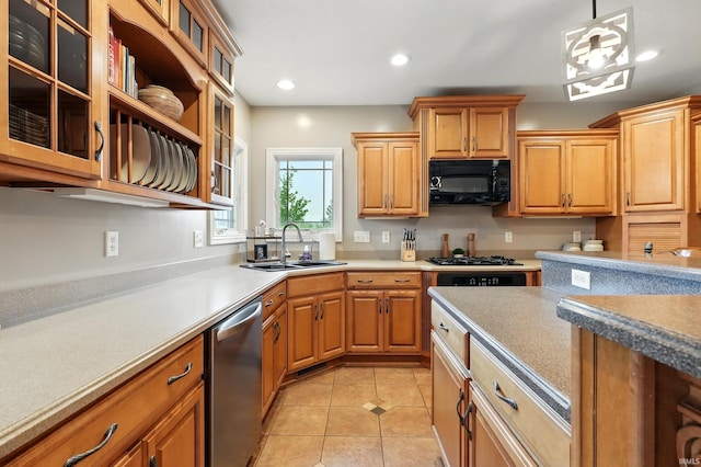 3908 County Road 4, Ashley, IN 46705 - kitchen with black microwave, stainless steel dishwasher, recessed lighting, glass insert cabinets, and light tile patterned floors