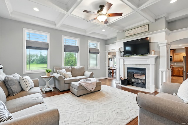 3908 County Road 4, Ashley, IN 46705 - living room with recessed lighting, decorative columns, wood finished floors, ceiling fan, and beam ceiling