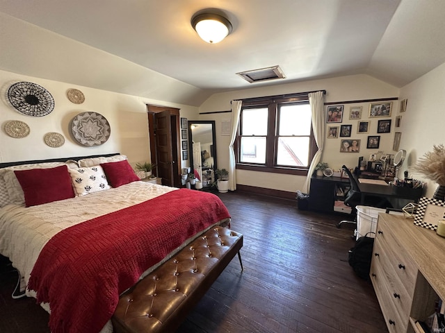 419 W Jefferson St, Kokomo, IN 46901 - bedroom featuring vaulted ceiling, attic access, an office area, and dark wood-style floors