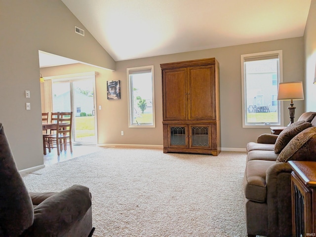 117 Blue Heron Cv, Decatur, IN 46733 - carpeted living area with baseboards and lofted ceiling