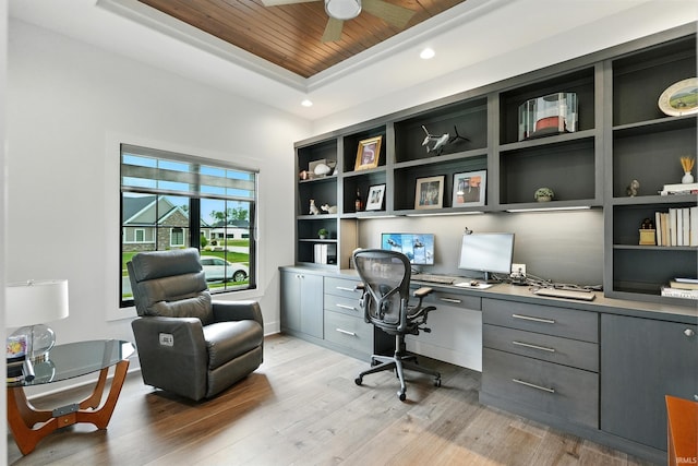 13176 Malfini Trl, Fort Wayne, IN 46845 - office space with wood ceiling, a raised ceiling, ceiling fan, light wood-style flooring, and built in desk