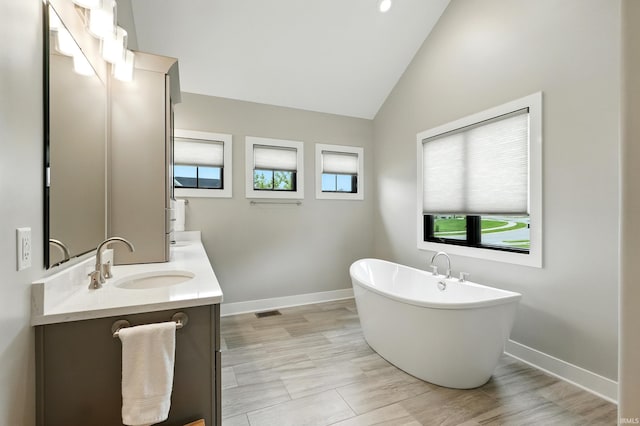 13176 Malfini Trl, Fort Wayne, IN 46845 - bathroom with vanity, a freestanding tub, and high vaulted ceiling