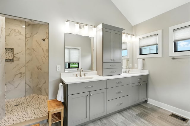 13176 Malfini Trl, Fort Wayne, IN 46845 - full bathroom with a marble finish shower, double vanity, lofted ceiling, and wood finished floors