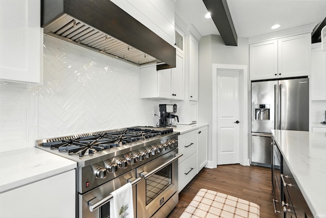 13176 Malfini Trl, Fort Wayne, IN 46845 - kitchen with appliances with stainless steel finishes, custom exhaust hood, backsplash, dark wood-style flooring, and white cabinetry