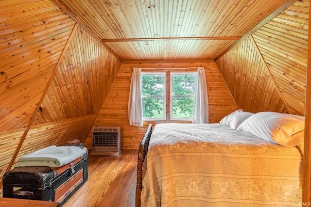 5142 W Corly Ln, Silver Lake, IN 46982 - bedroom with wood walls, wooden ceiling, heating unit, vaulted ceiling, and wood-type flooring
