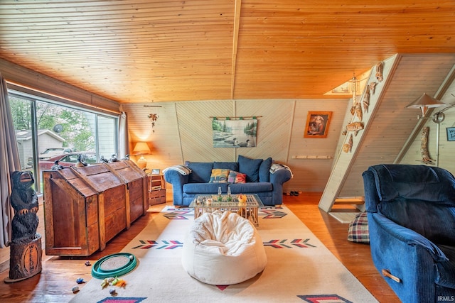 5142 W Corly Ln, Silver Lake, IN 46982 - living room featuring wood finished floors, wood ceiling, and wood walls
