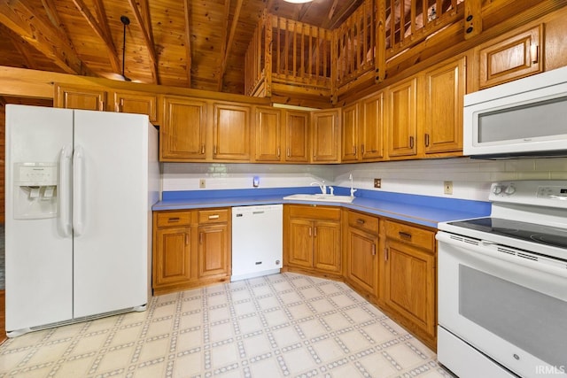 5818 Prophets Rock Rd, West Lafayette, IN 47906 - kitchen featuring white appliances, wooden ceiling, brown cabinets, and light flooring