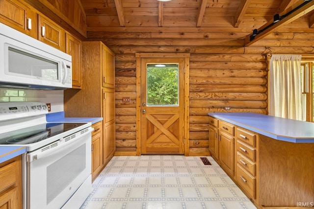 5818 Prophets Rock Rd, West Lafayette, IN 47906 - kitchen with white appliances, a wooden ceiling with exposed beams, light countertops, a peninsula, and brown cabinets