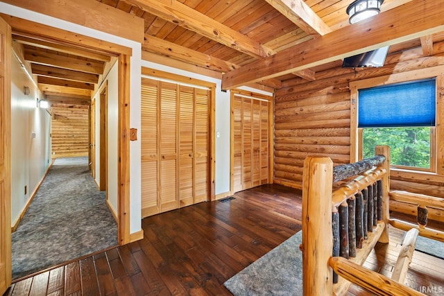 5818 Prophets Rock Rd, West Lafayette, IN 47906 - hall with hardwood / wood-style floors, rustic walls, and a wooden ceiling with exposed beams