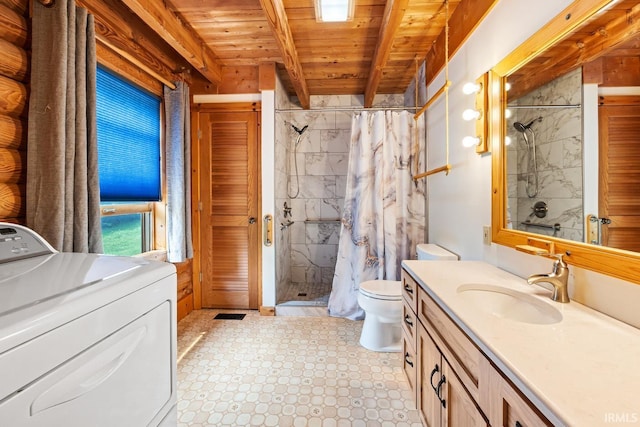 5818 Prophets Rock Rd, West Lafayette, IN 47906 - full bath with washer / dryer, vanity, a stall shower, and a wooden ceiling with exposed beams