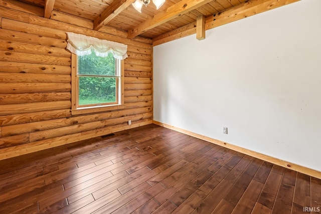 5818 Prophets Rock Rd, West Lafayette, IN 47906 - unfurnished room featuring dark wood-style floors, a wood ceiling with exposed beams, and rustic walls