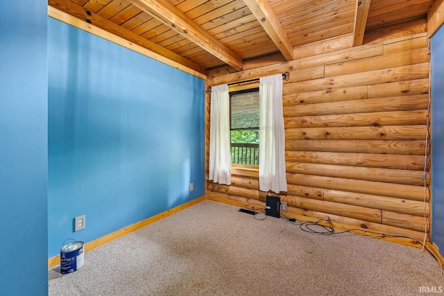 5818 Prophets Rock Rd, West Lafayette, IN 47906 - carpeted spare room with rustic walls and a wooden ceiling with exposed beams