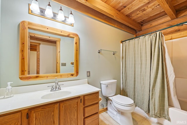 5818 Prophets Rock Rd, West Lafayette, IN 47906 - full bathroom featuring a wood ceiling with exposed beams, vanity, and shower / bath combination with curtain