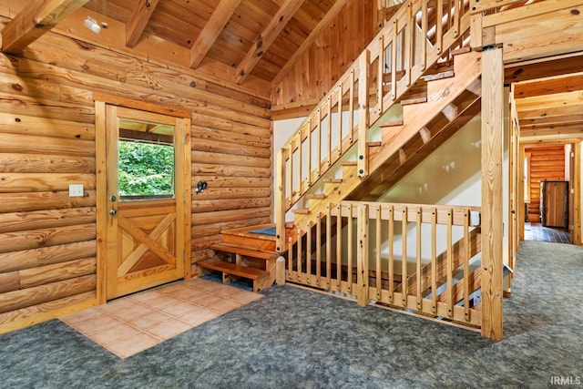 5818 Prophets Rock Rd, West Lafayette, IN 47906 - tiled foyer entrance featuring wooden ceiling, carpet flooring, and log walls
