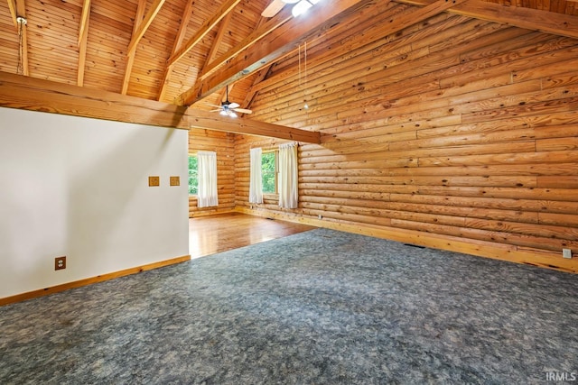 5818 Prophets Rock Rd, West Lafayette, IN 47906 - unfurnished living room featuring log walls, wood ceiling, ceiling fan, and carpet flooring