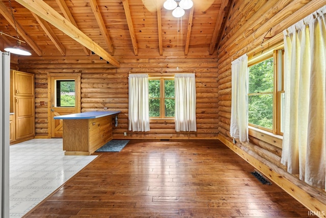 5818 Prophets Rock Rd, West Lafayette, IN 47906 - empty room featuring a wood ceiling with exposed beams, light wood-style floors, and rustic walls