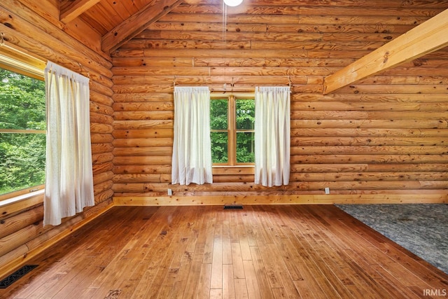 5818 Prophets Rock Rd, West Lafayette, IN 47906 - unfurnished room featuring hardwood / wood-style flooring, a wood ceiling with exposed beams, and log walls