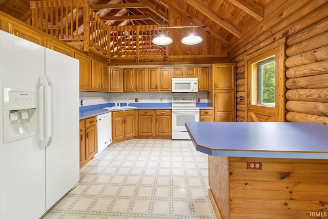5818 Prophets Rock Rd, West Lafayette, IN 47906 - kitchen with white appliances, rustic walls, a wooden ceiling with exposed beams, high vaulted ceiling, and brown cabinets
