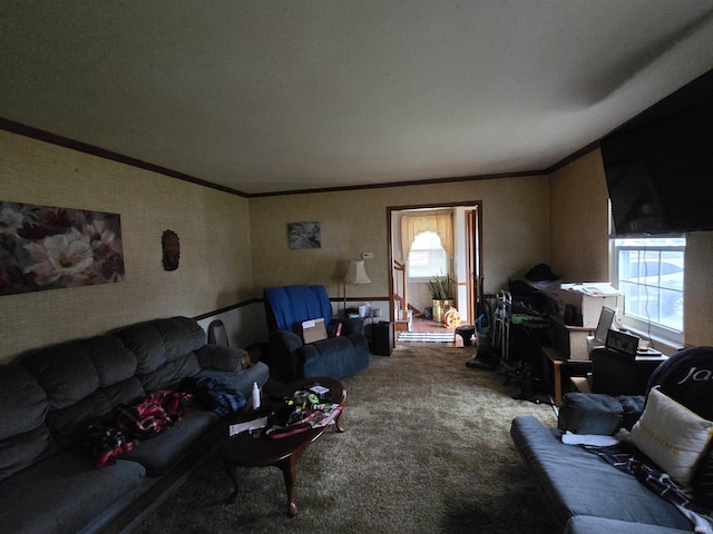1403 Wilson St, Boonville, IN 47601 - carpeted living room featuring crown molding