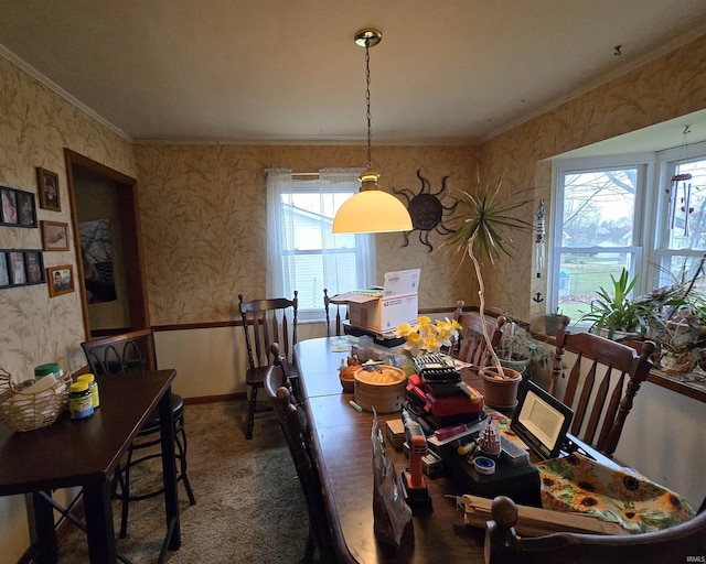 1403 Wilson St, Boonville, IN 47601 - carpeted dining space featuring wallpapered walls and crown molding