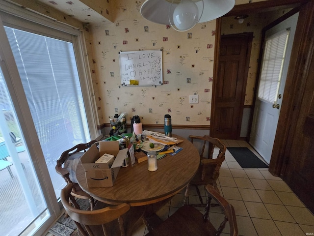 1403 Wilson St, Boonville, IN 47601 - dining room with wallpapered walls, light tile patterned floors, and a wainscoted wall
