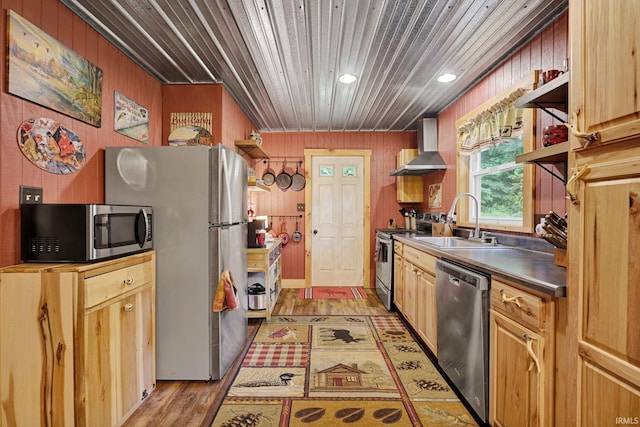 10154 W Rock E Rd, Bloomington, IN 47403 - kitchen with appliances with stainless steel finishes, wall chimney exhaust hood, light wood-style floors, dark countertops, and wood ceiling