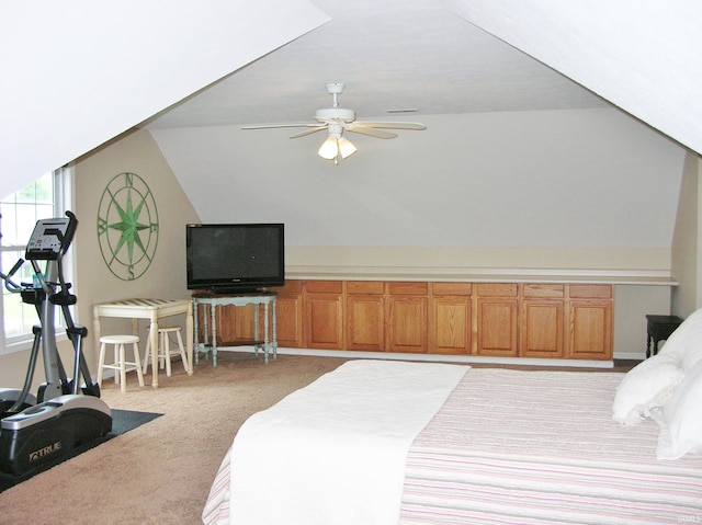 2622 Oak Trail Dr, Newburgh, IN 47630 - bedroom featuring light carpet, lofted ceiling, and a ceiling fan