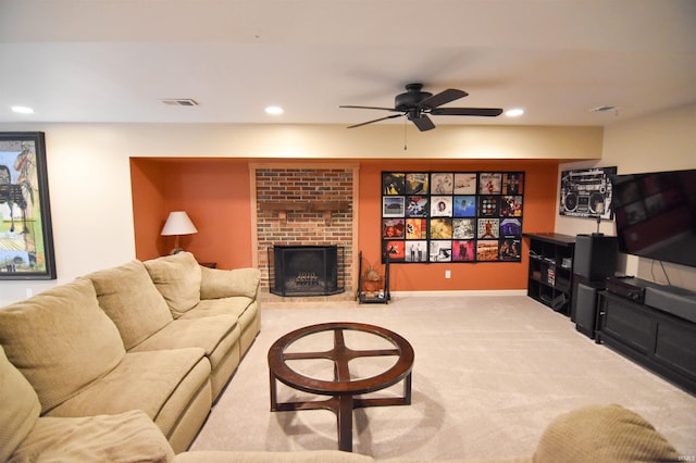 7366 Capri Ct, Newburgh, IN 47630 - carpeted living area featuring recessed lighting, ceiling fan, and a fireplace