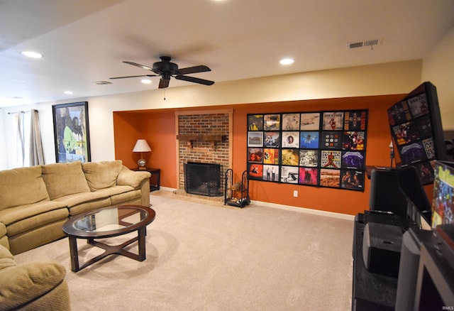7366 Capri Ct, Newburgh, IN 47630 - carpeted living area featuring ceiling fan, a brick fireplace, and recessed lighting