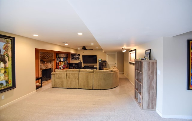 7366 Capri Ct, Newburgh, IN 47630 - living area with a fireplace, ceiling fan, light carpet, and recessed lighting