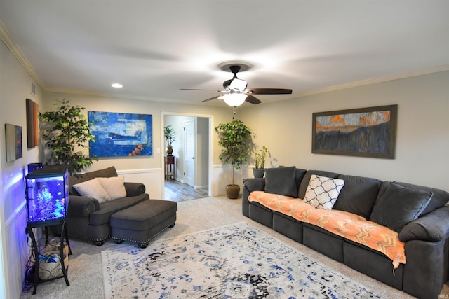 7366 Capri Ct, Newburgh, IN 47630 - carpeted living area with ornamental molding, a ceiling fan, and recessed lighting