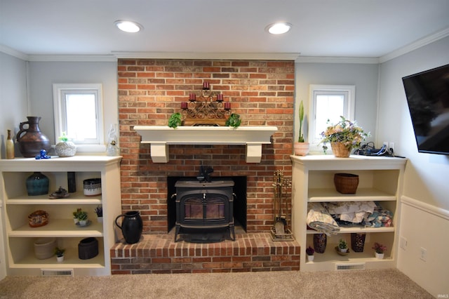 7366 Capri Ct, Newburgh, IN 47630 - living room with a wood stove, ornamental molding, healthy amount of natural light, and carpet flooring