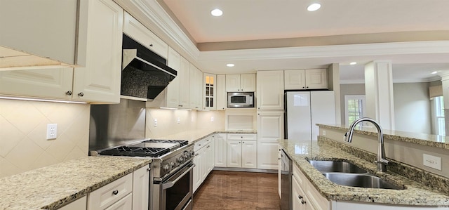 1648 S Ira St, Bloomington, IN 47401 - kitchen featuring stainless steel appliances, crown molding, under cabinet range hood, dark wood-style flooring, and decorative backsplash