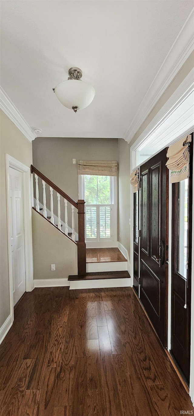 1648 S Ira St, Bloomington, IN 47401 - entrance foyer featuring wood finished floors, ornamental molding, and stairway