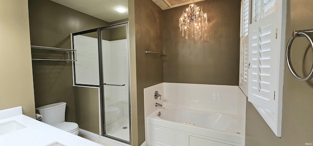1648 S Ira St, Bloomington, IN 47401 - full bathroom featuring a garden tub, a stall shower, a chandelier, and vanity